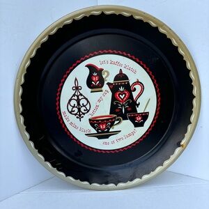 VTG  "Lets Kaffee Klatch" Round 19" Black Metal Tray MCM Coffee themed